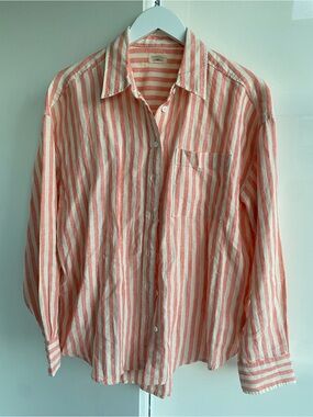 Faherty 100% Linen Coral and White Striped Button-Up Shirt Size Medium